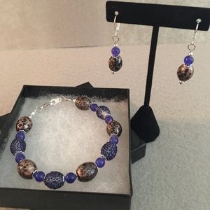 Blue and Brown Glass Bracelet and Earring Set